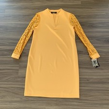 Sale! $99 Kasper  Yellow  Midi Dress Lace Long Sleeve Size S