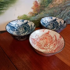 Japanese Mino rice bowl three total 2 blue 1 red one has a small chip see photo 