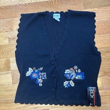 Koret New Vintage Knit Sweater Vest Embroidered Black Sz L Wool Blend Deadstock