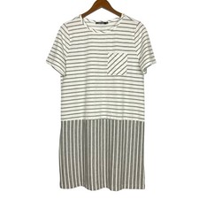 Doe & Rae Large Women's White & Gray Stripe Jersey Knit Knee Length Shift Dress