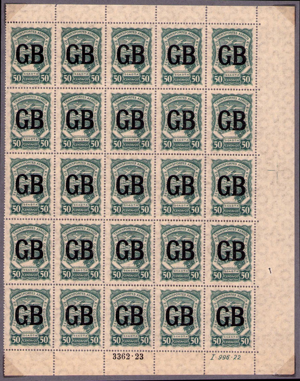 COLOMBIA - GREAT BRITAIN - SCADTA - CONSULAR 50c SHEET - Sc CLGB56 - 1923 RRR