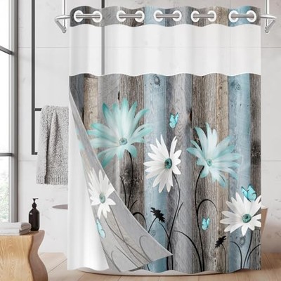 No Hook Rustic Farmhouse Shower Curtain with 71''W x 74''L (Pack of 1) Teal Daisy