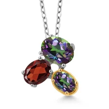 925 Silver and 10K Yellow Gold Green Mystic Topaz and Garnet Pendant Necklace