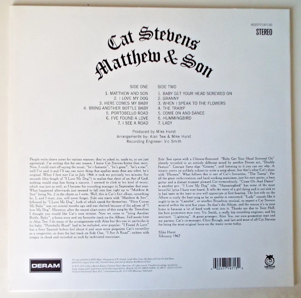 CAT STEVENS - MATTHEW & SON. LP 2024 CREAM VINYL REISSUE.  DERAM RECORDS 7719713 - Image 3 of 3