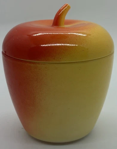 VTG Hazel Atlas Milk Glass, Red & Yellow Apple, Jelly Jar, 4” Tall