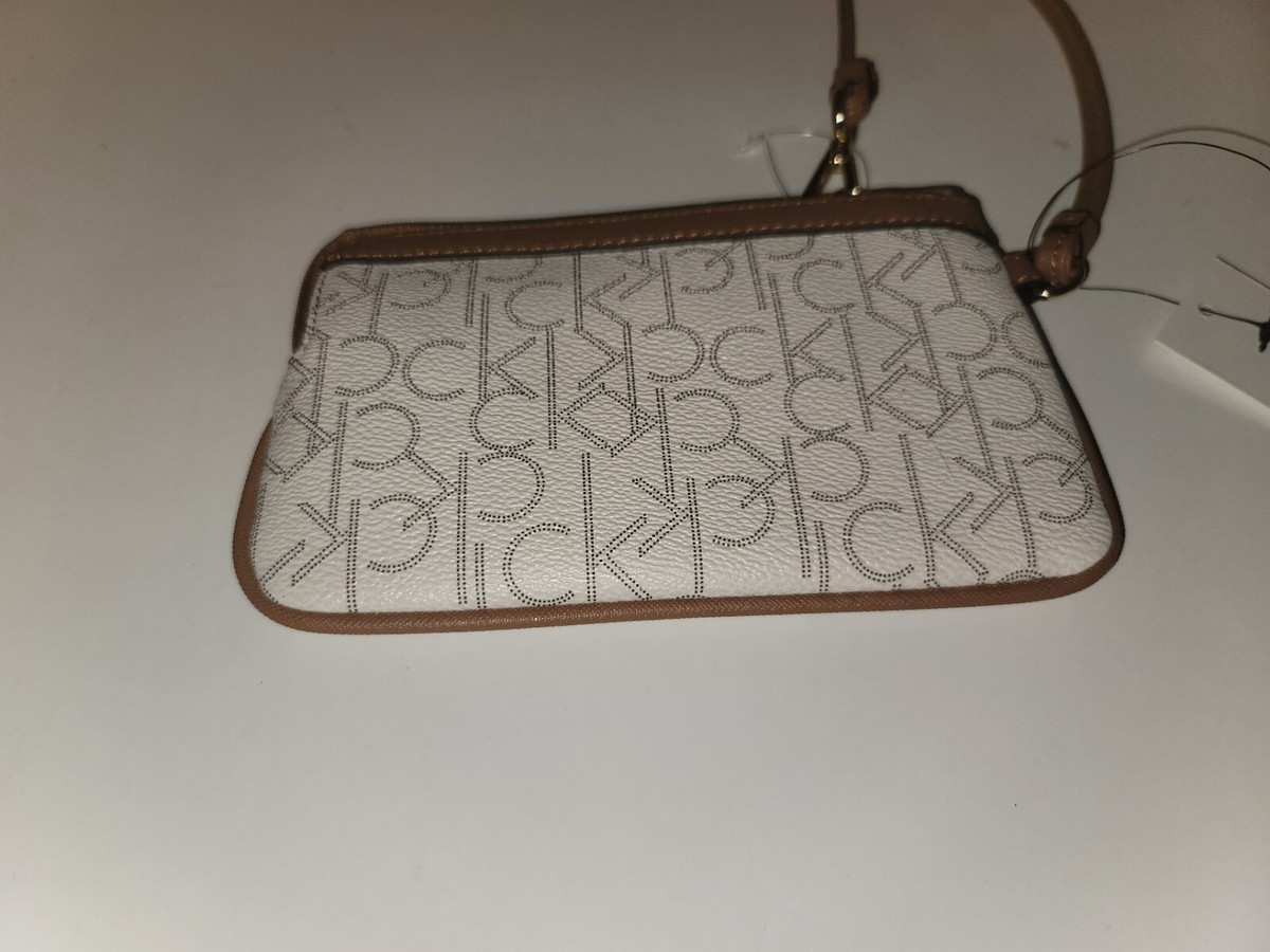 New CALVIN KLEIN Almond/khaki/Camel Leather Top Zip Wristlet