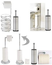 New Toilet Brush & Paper Roll Holder Stand Set Chrome Free Standing Bathroom Loo