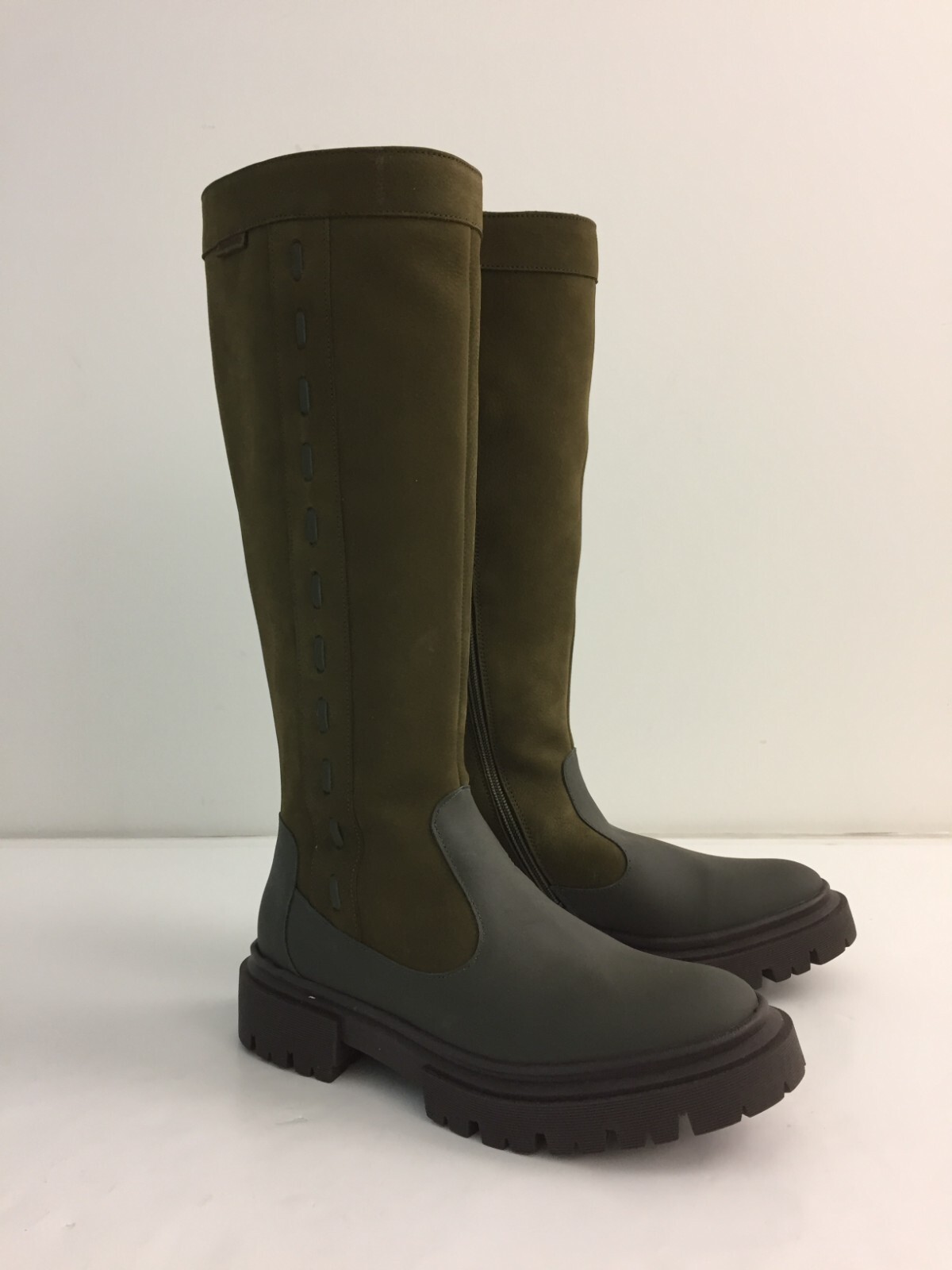 DUO Women's Knee High Boots Bark Green Leather Oakford Lace Accent Zip