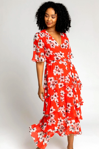 Roman sz 16 Red Petite Floral Print Wrap Tiered Frill Midi Dress BNWT Stunning! - Picture 2 of 6