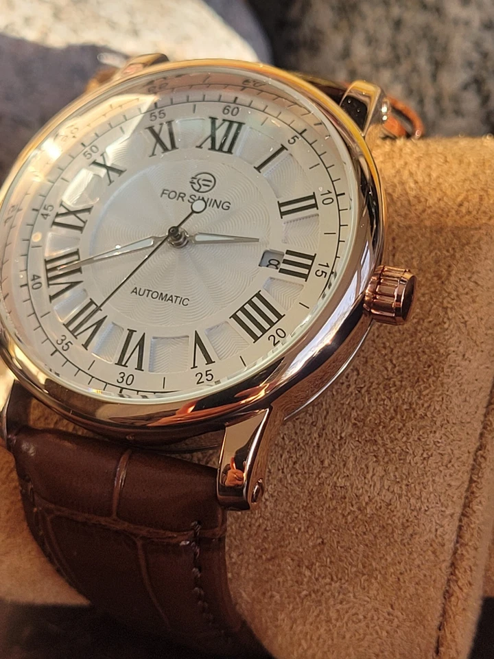 Reloj Automático de Lujo para Hombres Oro Rosa Fecha Ventana Trasera Correa de Cuero Marrón 3ATM Foto 2 de 4