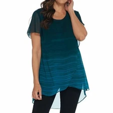 H by Halston Ombre' Printed Chiffon Overlay Tunic Top Size XS Sea Teal A311464