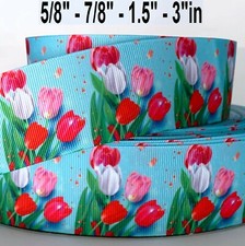GROSGRAIN RIBBON 5/8", 7/8",1.5", 3" Flowers Tulips Mother's valentine's Day