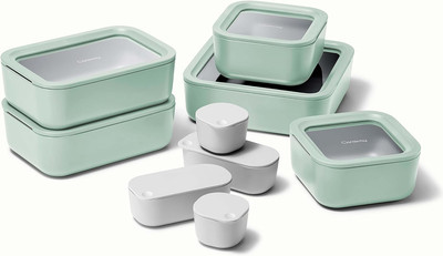 Caraway Glass Food Storage Set, 14 Pieces - Ceramic Coated Food Containers - Eas