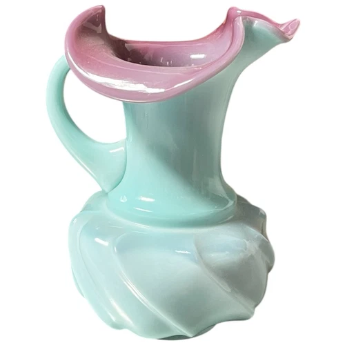 Vintage Fenton Art Glass Lilac Turquoise Wave Crest # 6068 Swirl Pitcher  6-1/2"