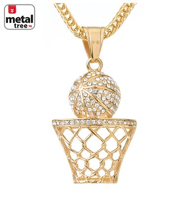 Mens Stainless Steel Iced CZ Basketball Hoop Pendant & 24'' Franco Chain Necklace