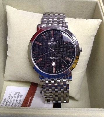 NEW Swistar Mens Black Textured Dial Rose Gold Accents Silver SS Watch 417-15M-B