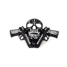 Skull Skeleton Head Revolver Hand Gun Rhinestones Black Chrome Metal Belt Buckle