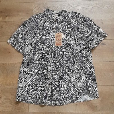 Faherty Men's 2XL Breeze Shirt Black Kaula Short Sleeve Linen Blend Tribal New