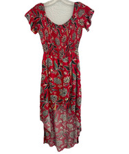 Lush Women's Red Floral Smocked Flutter Sleeve Lined Hi-Lo Maxi Dress S Boho 