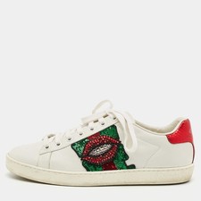Gucci Ace Size 37 White Leather Python Embossed Web Crystal Lips Lace Up