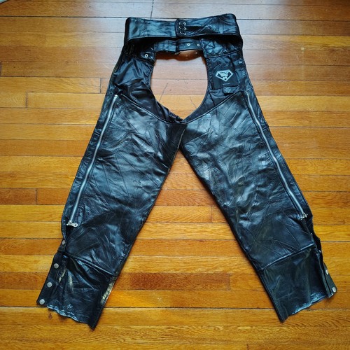 Black Leather Patchwork Vtg Motorcycle Chaps Men Women Biker Riding Pants Small - Bild 2 von 8