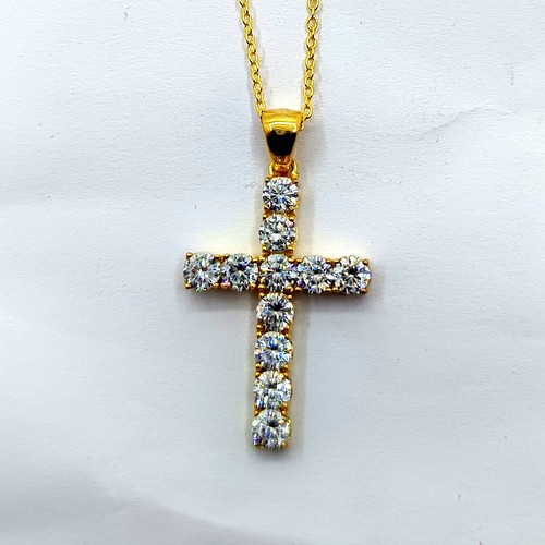 4.2Ct Redondo Diamante Sintético Alternativas Cruz Colgante 14k Yellow Oro Plata - Imagen 7 de 8