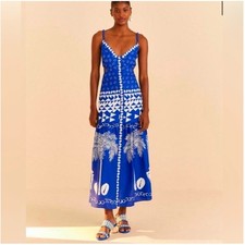 Farm Rio Blue Mixed Ondina Tropical Palm Tree Shell Cut Out Midi Dress  | L