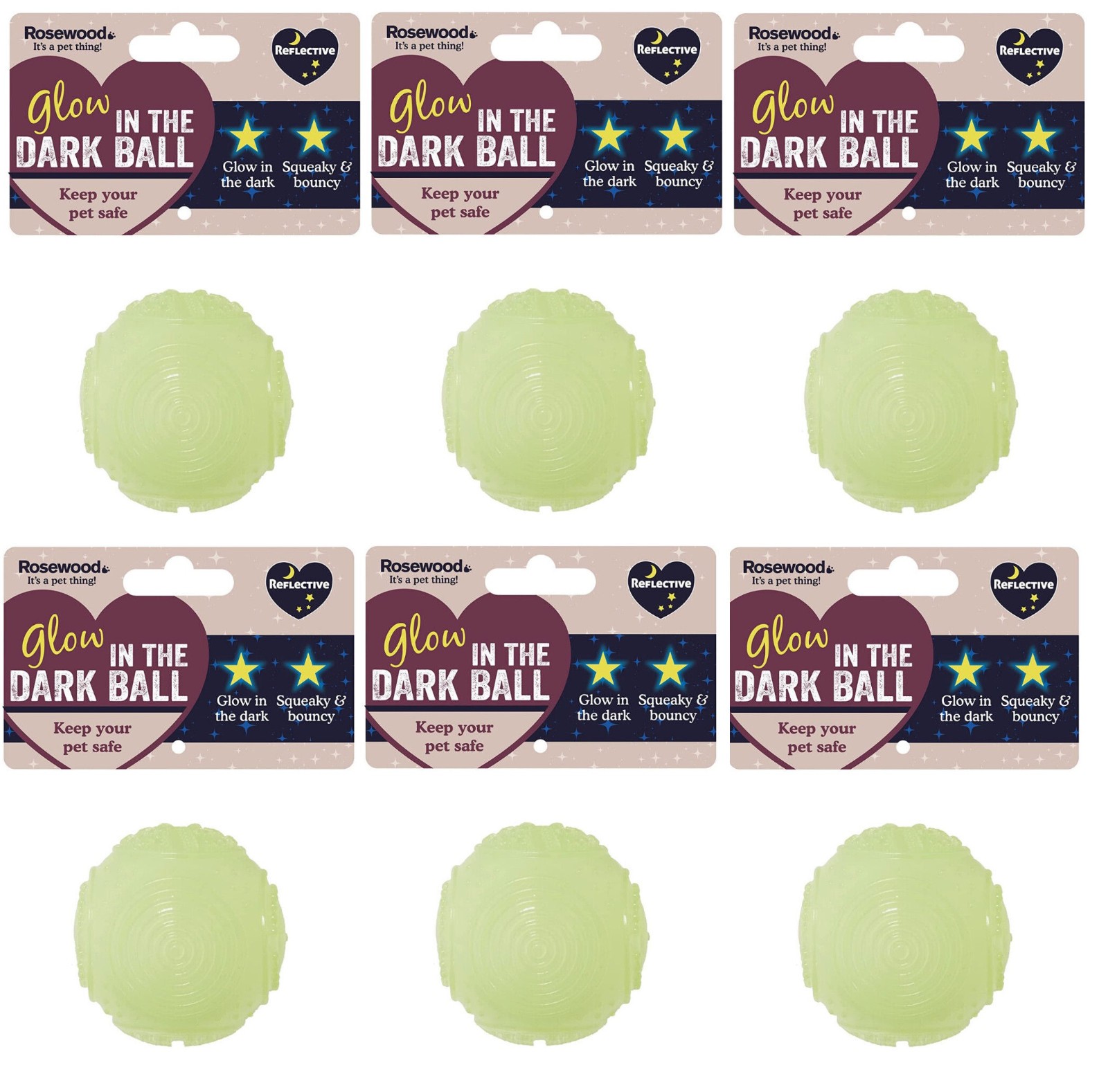 6 PACK ROSEWOOD GLOW IN THE DARK BALL DOG PUPPY SQUEAKY BOUNCY RUBBER BALL 7CM