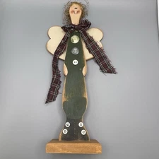 Primitive Folk Art Carved Wood Angel Farm House  15” Tall Wood Base Distressed