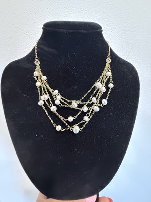 Vtg Louise Sinclair Real Pearl Layered Gold Necklace crystal ring signed  18  
