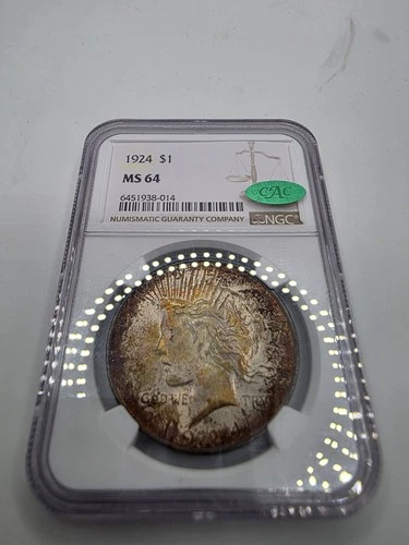 1924 Peace Silver Dollar NGC MS64 CAC Green Sticker Monster Toning Very Unique!!