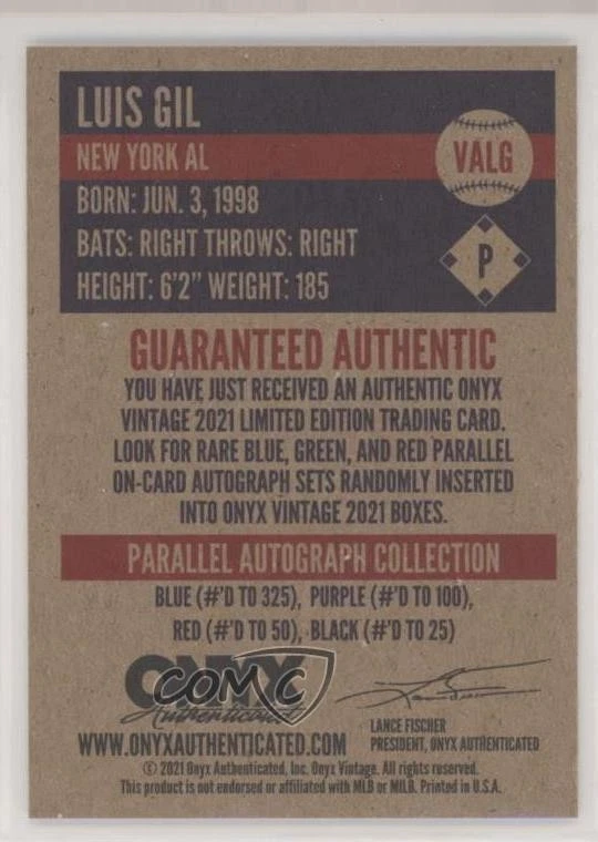 2021 Onyx Vintage Purple Ink Auto /100 Luis Gil #VALG Auto - Image 2 of 2