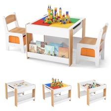 Kids Table and Chair Set, 4 in 1 Building Block Wooden Activity Desk with Rev...