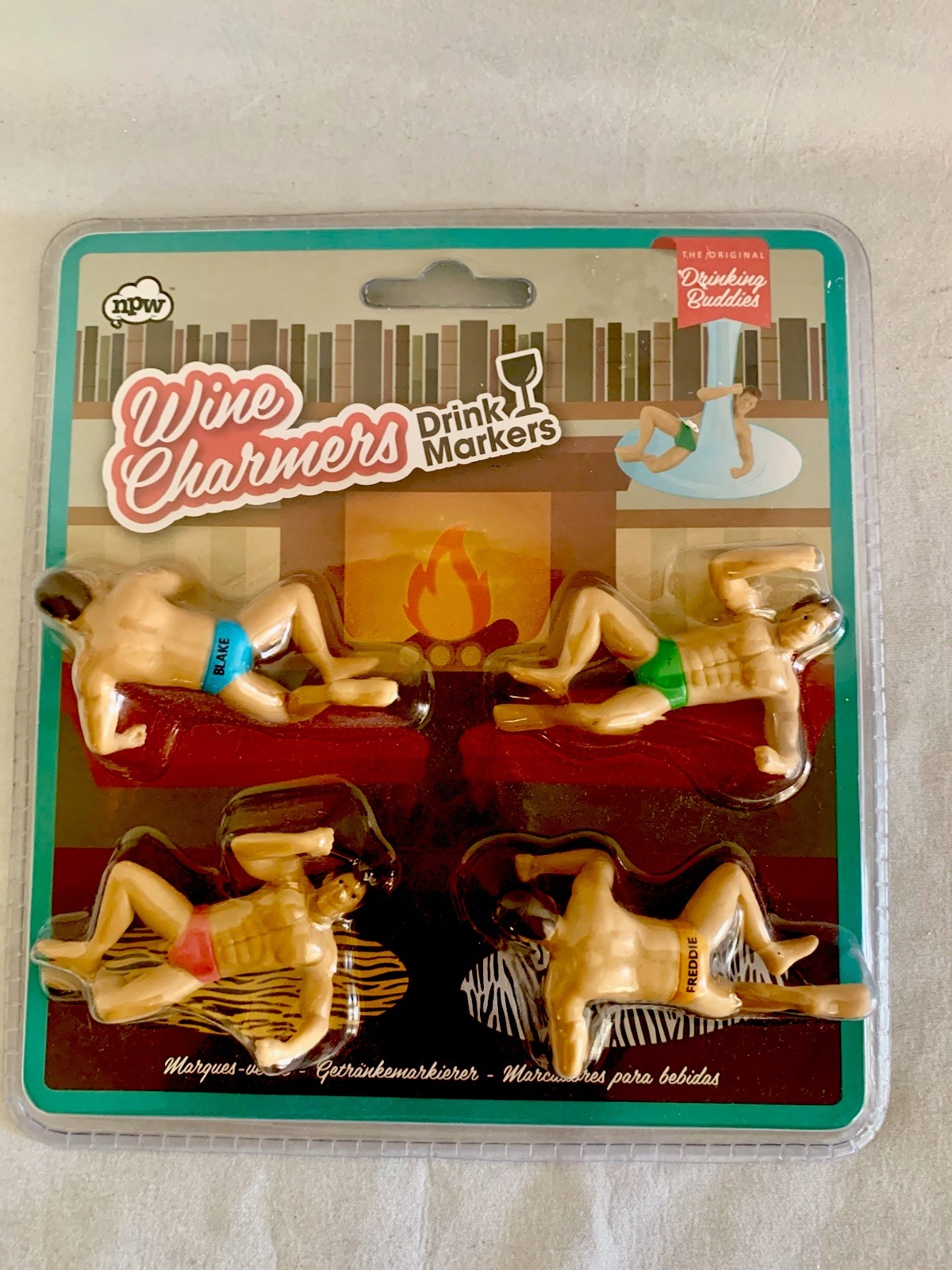 NEW Drinking Buddies Drink Cocktail Wine Charmers Wine Glass Markers Men 4 Pack