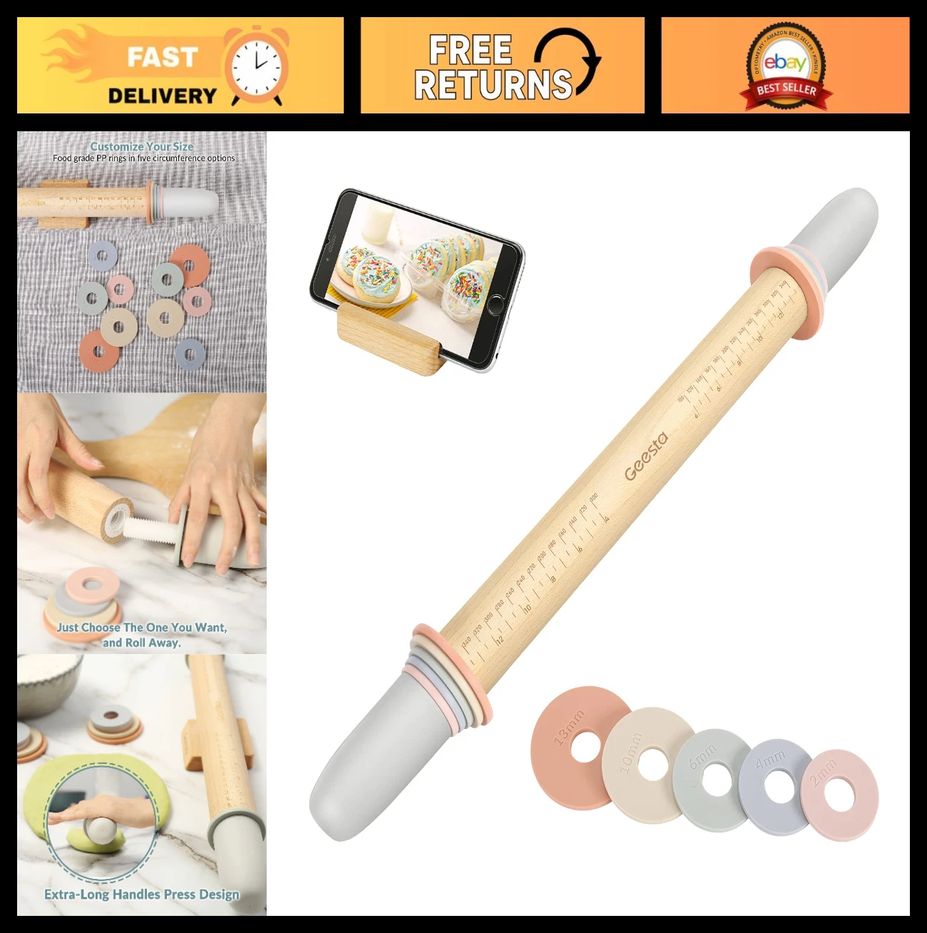 Adjustable Wood Rolling Pin with 5 Thickness Rings - Dough Roller for Baking, Pi