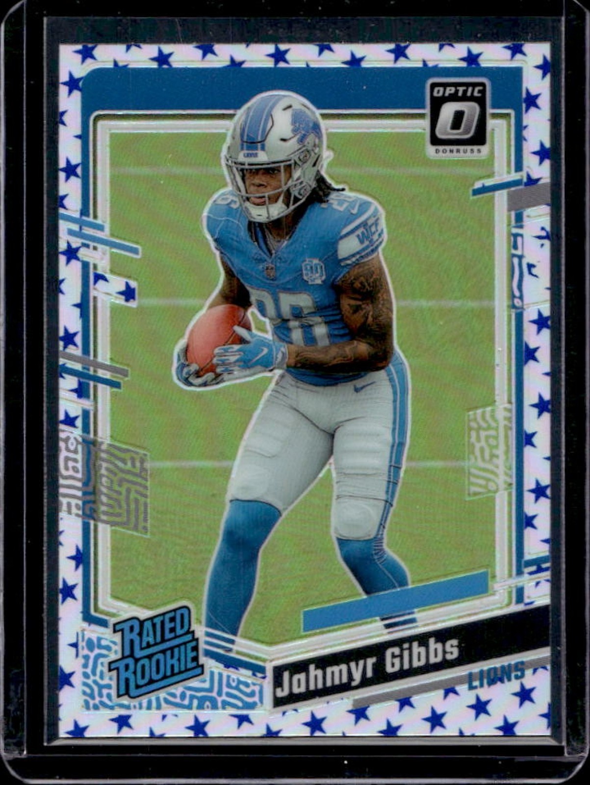 2023 Donruss Optic Jahmyr Gibbs Blue Stars Prizm Rated Rookie #236 Lions