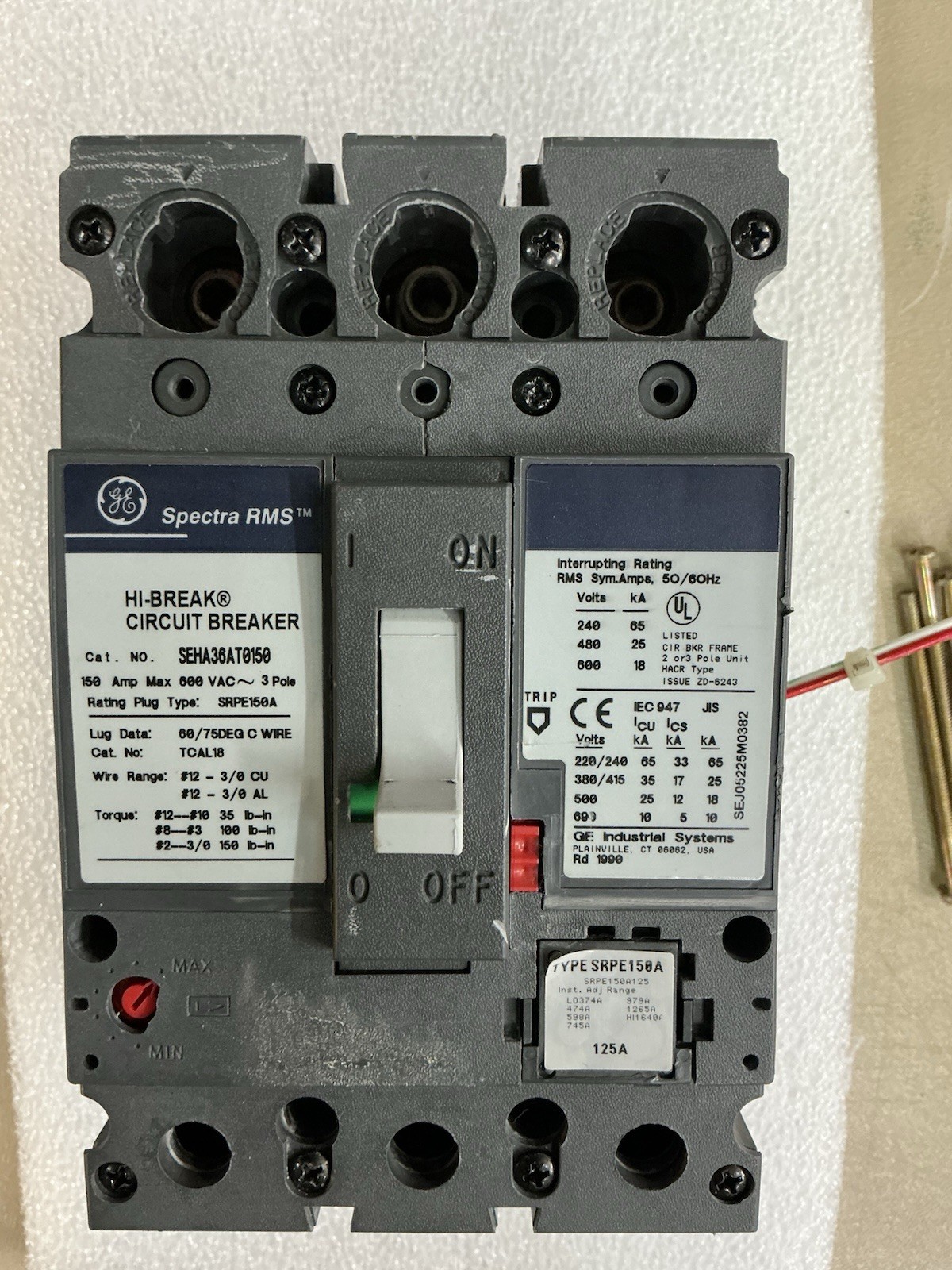 Ge Seha36At0150 Circuit Breaker 150 A Frame 3P 600V W/ 125A Srpe150A & Sauxpab1