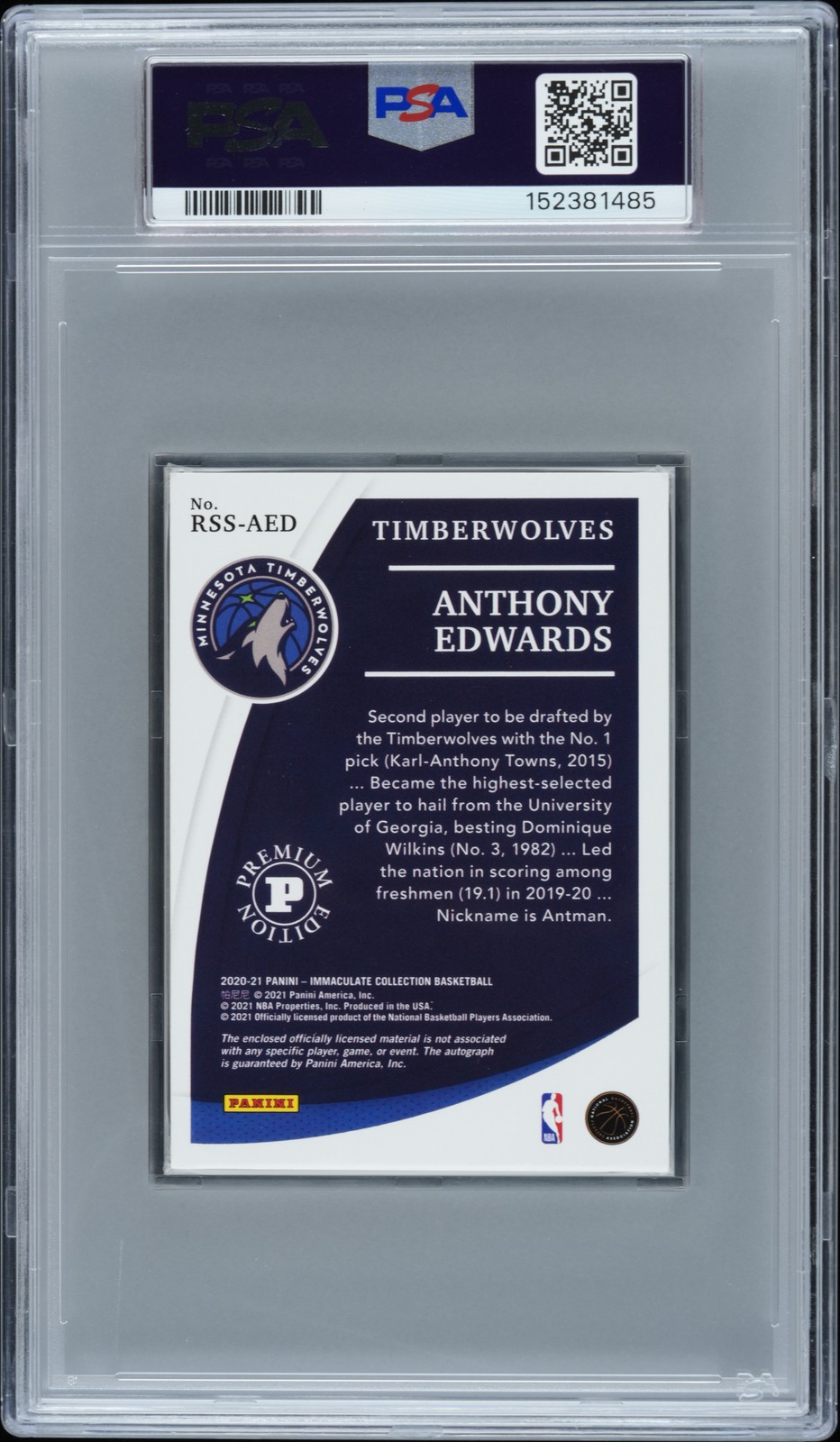 2020 PANINI IMMACULATE COLLECTION SNEAKER ANTHONY EDWARDS 10/25 PSA 5 AUTO 10 view 2