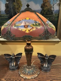 Reverse Painted Art Nouveau Lamp Handel Bradley Hubbard Era Arts Crafts No reser
