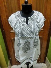 S 39" M 40" BEAUTIFUL ETHNIC 100 COTTON TOP CHIKAN EMBROIDERY KURTA TUNIC KURTI