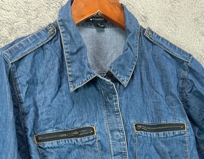 Mini Camisa Vestido I Heart Ronson Para Mujer Grande Azul Imitación Denim Manga Larga Algodón Foto 2 de 4