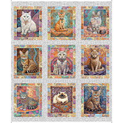 Quilt Room Kitties Cat Pictures Colorful Cats Gray 36x44 Cotton Fabric Panel