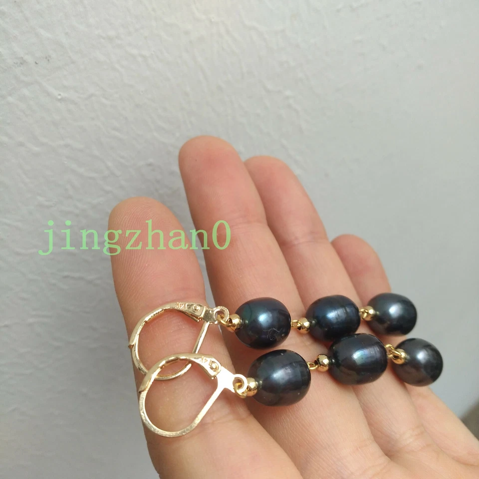 Encantadores Pendientes Largos Populares 8X10mm Mar del Sur Perla Negra Oro 14k Gancho P Foto 3 de 4