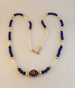 Authentic Lapis lazuli freshwater pearl gold plated necklace art glass focal bead 29" long