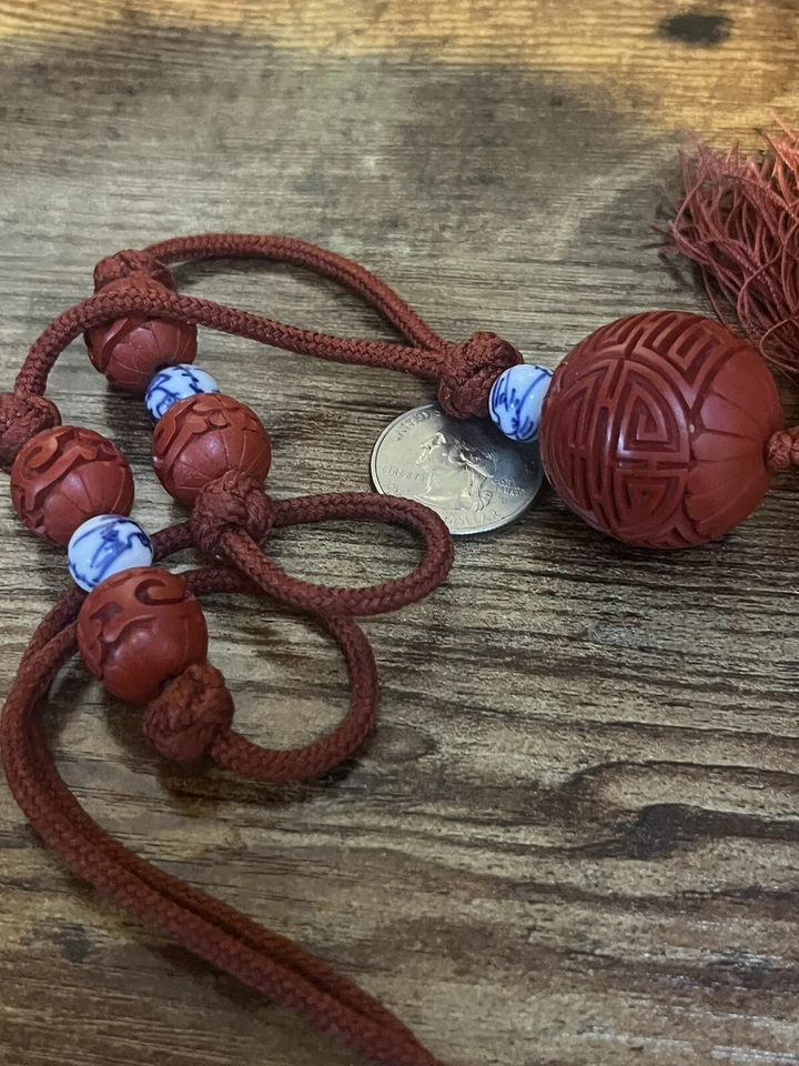 Vtg Chinese Carved Red Cinnabar Lacquer Bead Shou pendant Necklace Hand Knotted - Image 4 of 4