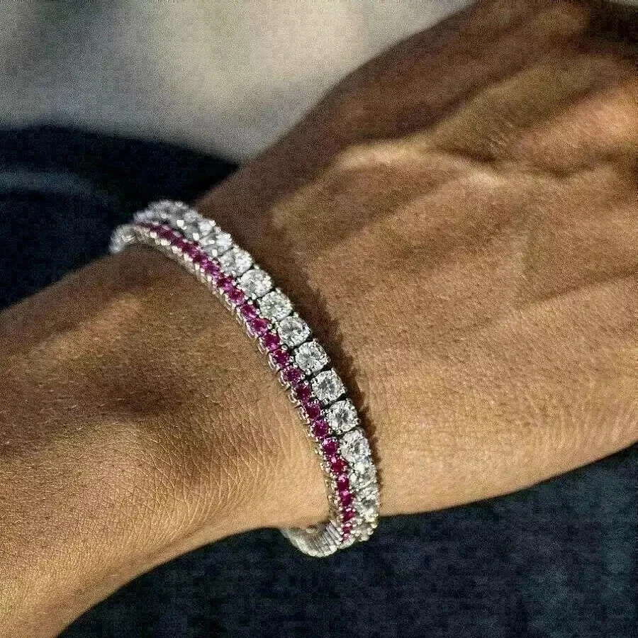 7 Ct Lab Created Ruby & Diamond Gift Tennis Men's Bracelet 14K White Gold Plated - Image 3 of 3