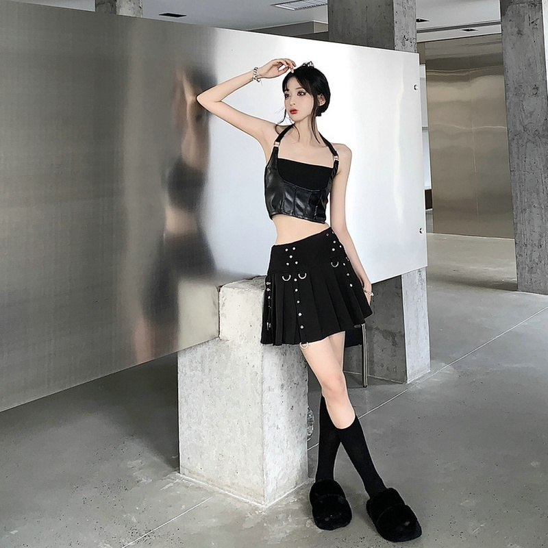 Women Mini Pleated Skirt High Waist Rivets Punk Gothic