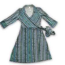 Laundry by Design Green/Black/Blue Geometric Print Wrap Dress Sz M Casual Sleek