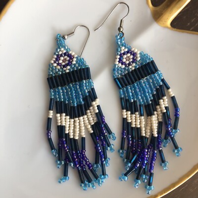 Bohemian BOHO Blue Seed Beads Tassel Fringe Drop Earrings Handmade 4 ...