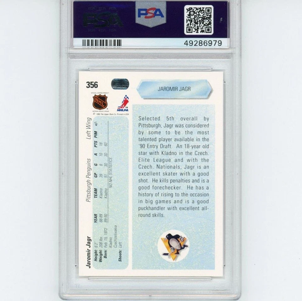 Graded 1990-91 Upper Deck UD Jaromir Jagr #356 Rookie RC Hockey Card PSA 10 Gem - Image 2 of 2